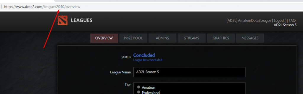 Dota2.com/leagues league id