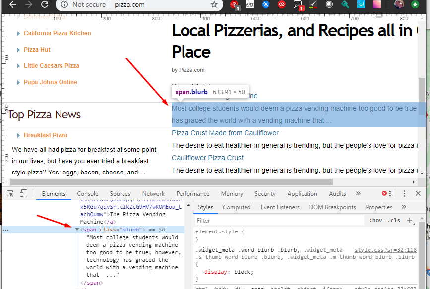 dev tools on pizza.com