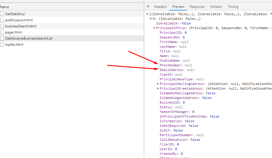 phone number and email address potential fields returned