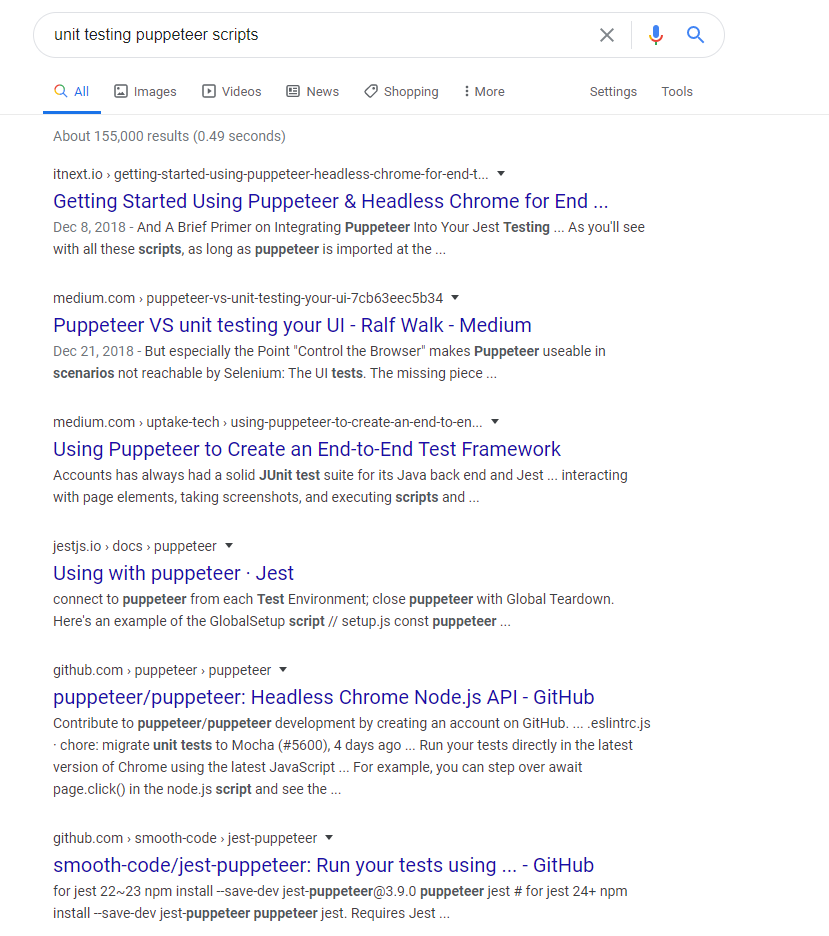 Google results for unit testing puppeteer scripts