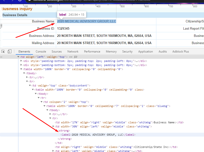scraping connecticut secretary of state html and page