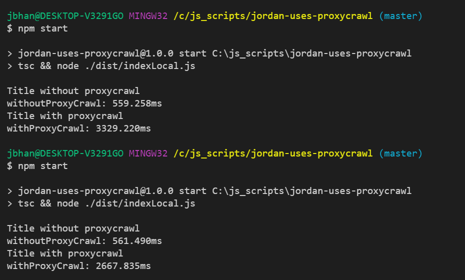 proxycrawl speedtest against javascriptwebscrapingguy.com