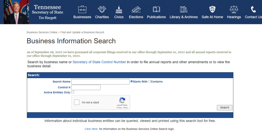 Tennessee Secretary of State business search